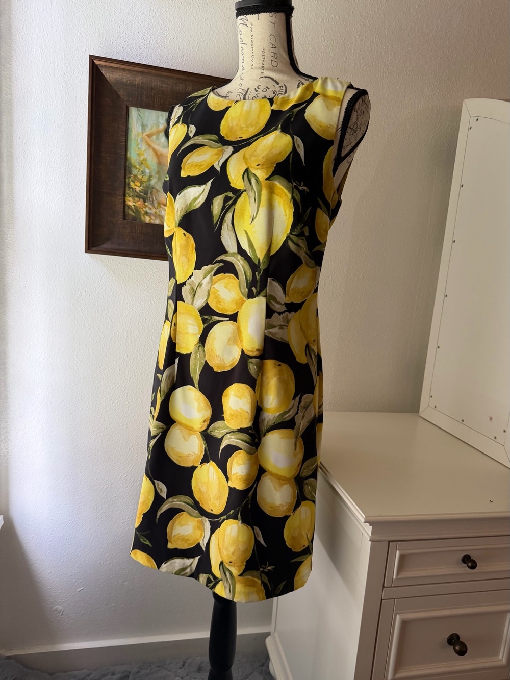 Sleeveless Black Dress with Yellow Lemon Print